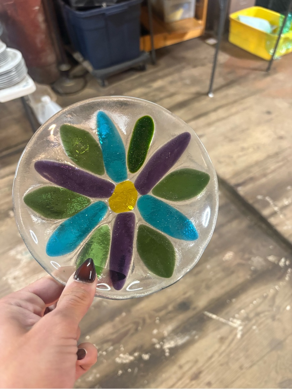 Handmade Fused Glass Flower Plate - Blue, Green, Purple, Yellow